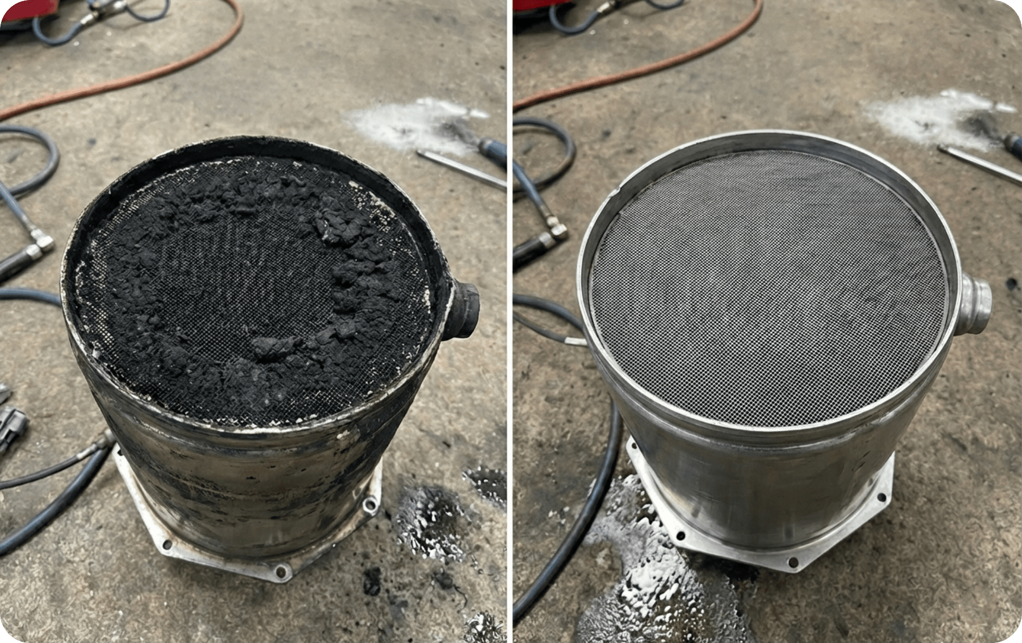 DPF洗浄前後の比較：煤が詰まった状態と洗浄後の綺麗な状態